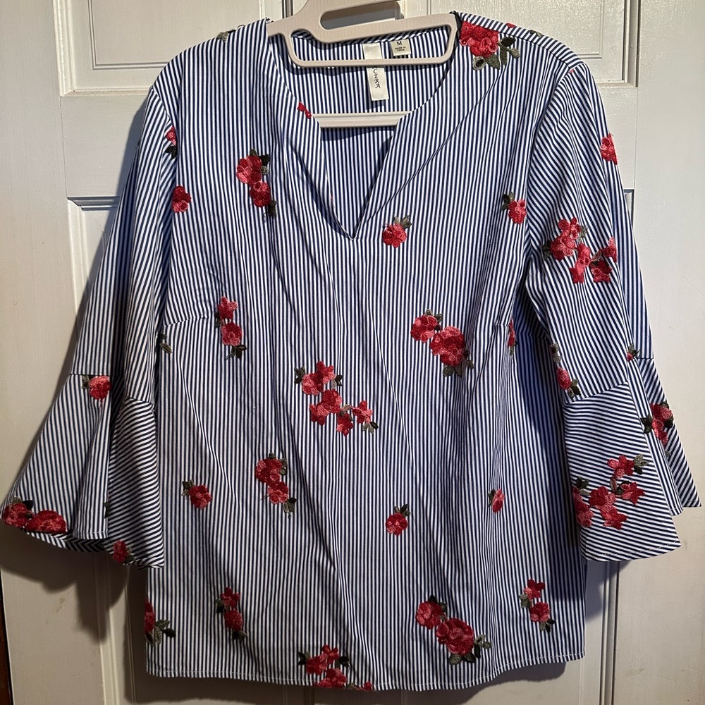Striped V-Neck Blouse with Floral Embroidery